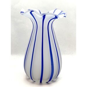 Pier 1 Imports Satin Blue Stripes Frosted Glass Vase‎ 7 1/4 in Tall